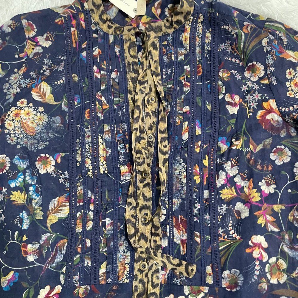 Women Anthropologie Pilcro Ladder Lace Floral Tunic Blouse in Navy Blue Small - Picture 4 of 14